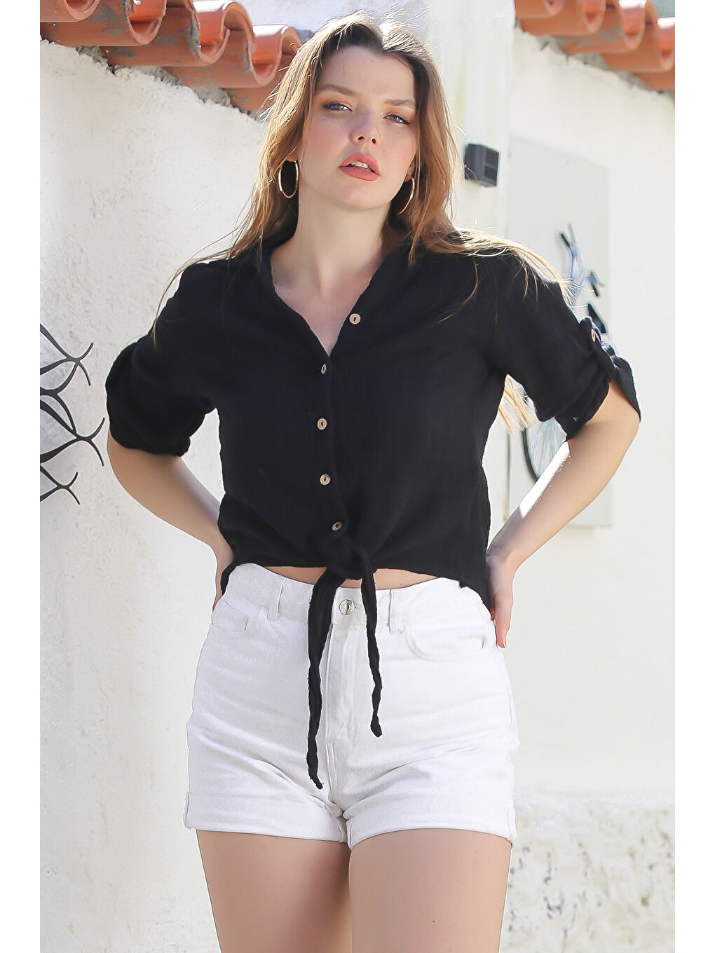 Siyah Gömlek Yaka Düğmeli Uzun Kollu Bağlamalı Yıkamalı Casual Dokuma Gömlek 58 51-2