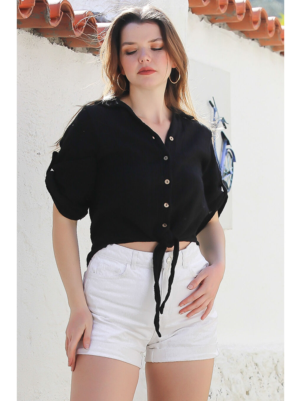 Siyah Gömlek Yaka Düğmeli Uzun Kollu Bağlamalı Yıkamalı Casual Dokuma Gömlek 58 51-3