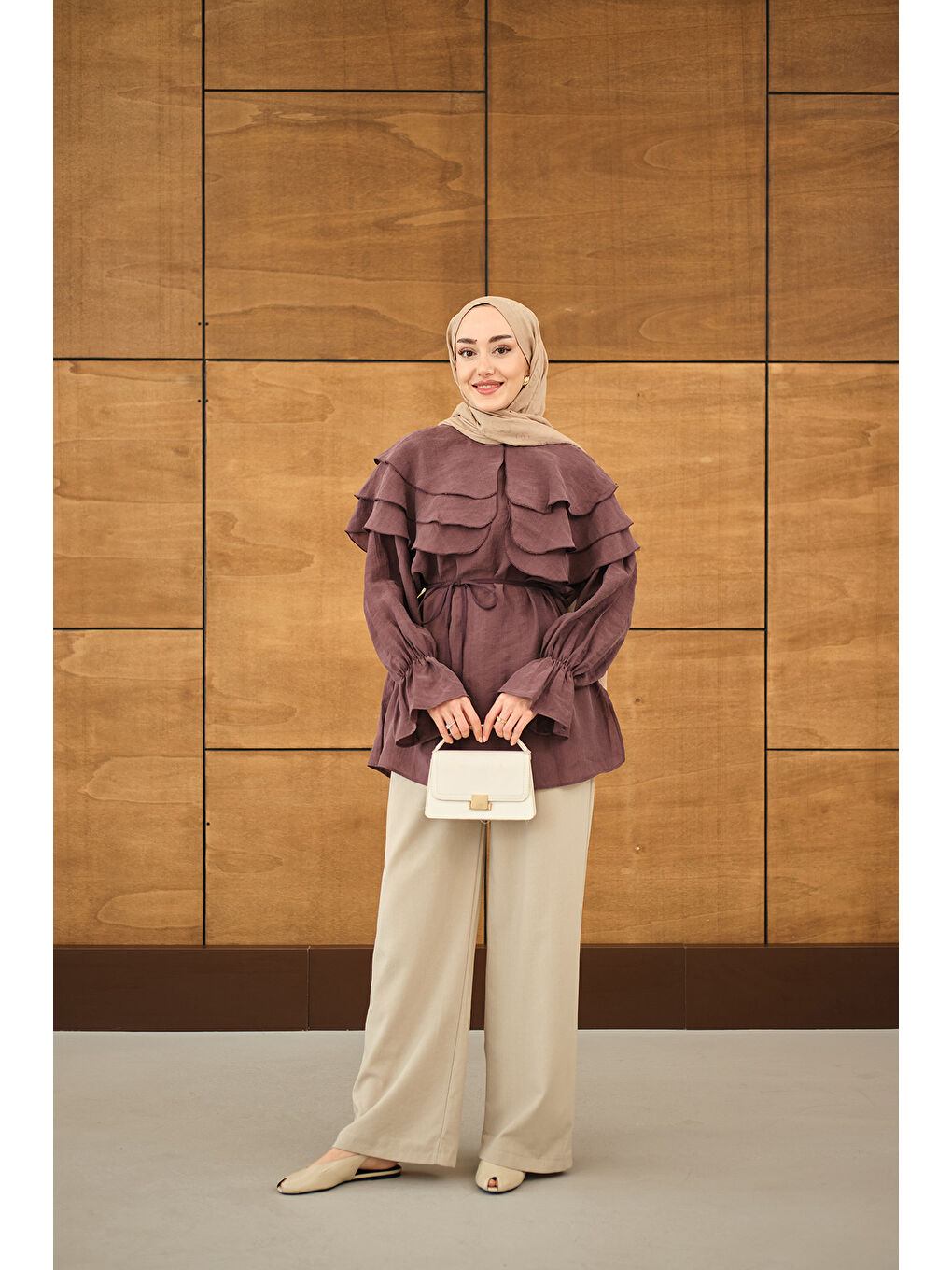 Kadın Geniş Katlı Yaka Bel Bağlamalı Tunik Mürdüm-1