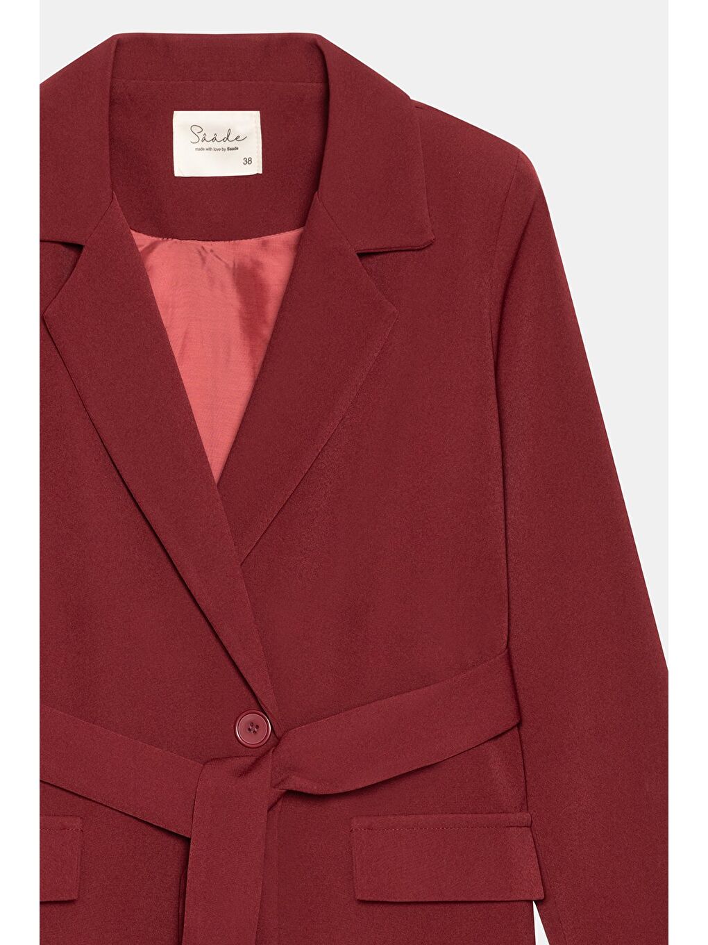 Bordo Kadın Tek Düğmeli Dokuma Kruvaze Blazer Ceket - Kuşaklı-1