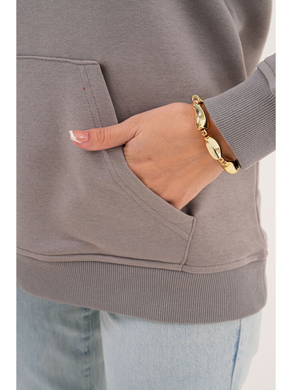 Gri Unisex %100 Pamuk Basic Premium Kapüşonlu Sweatshirt-2