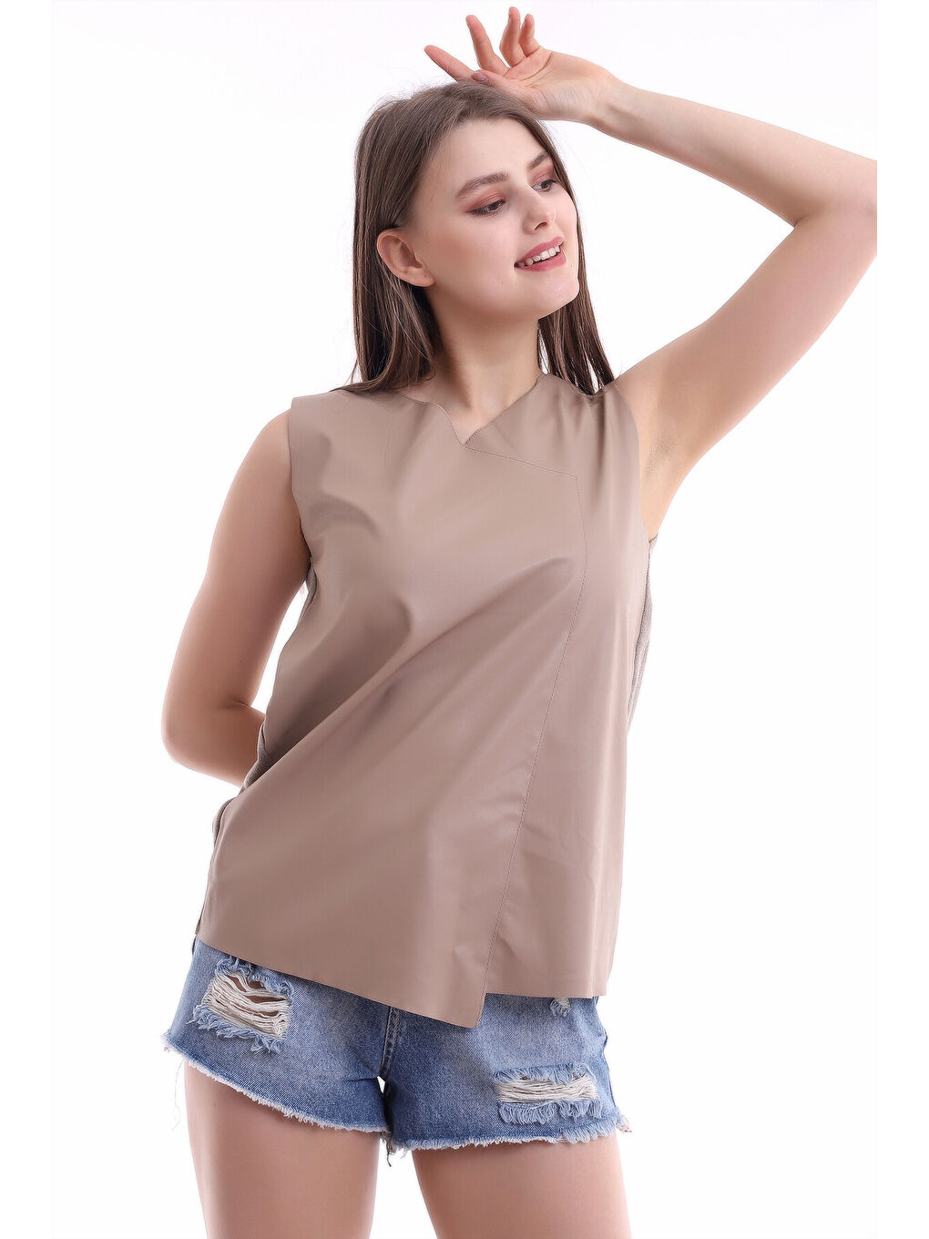 Bej Önü Deri Arkası Triko Kolsuz Bluz VIZON-4