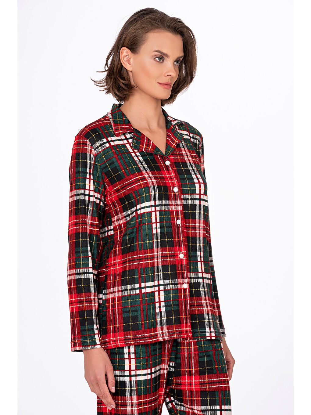 Kırmızı Kadın Süet Önden Düğmeli Pijama Takımı | Yeşil Ekose-1