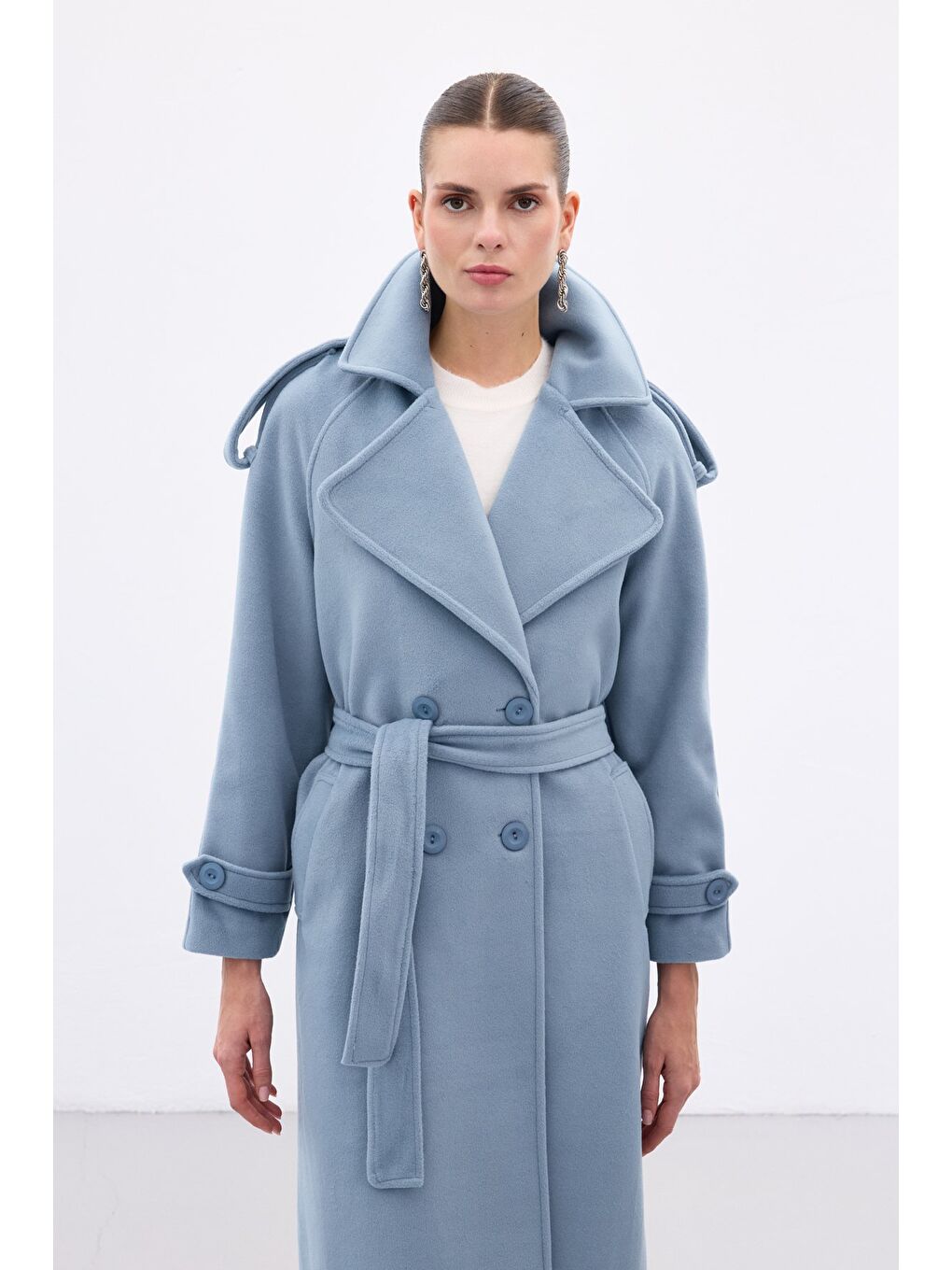 Geniş Yaka Uzun Kaban - Mavi-5