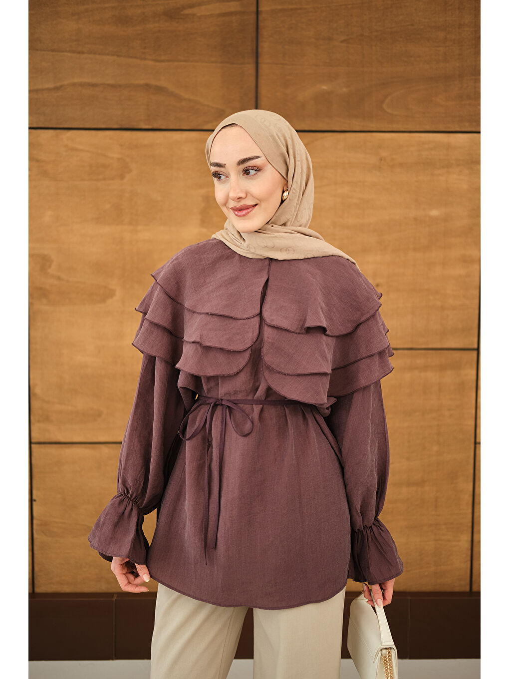 Kadın Geniş Katlı Yaka Bel Bağlamalı Tunik Mürdüm-2