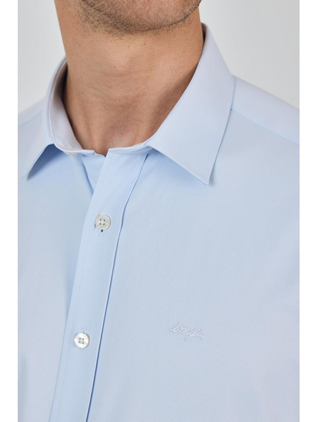 Mavi Uzun Kol Düz Bez Ayağı Sert Yaka Cepsiz Pamuklu Classic Slim Fit Gömlek 1004250211-4