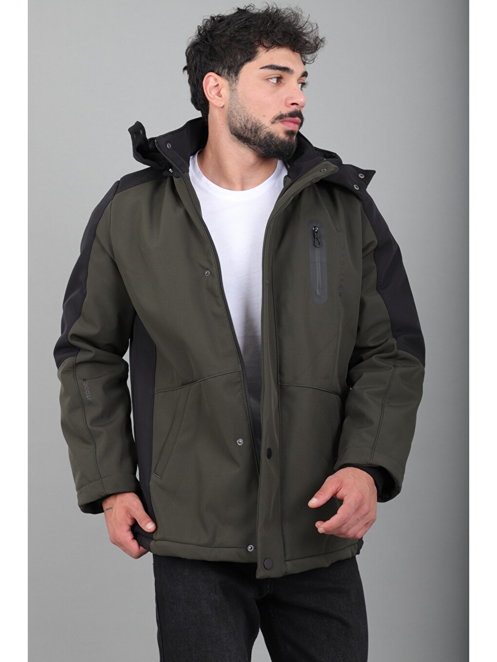Haki Çift Renk İçi Kürklü Softshell Kışlık Mont Pldp 3041_50525-1