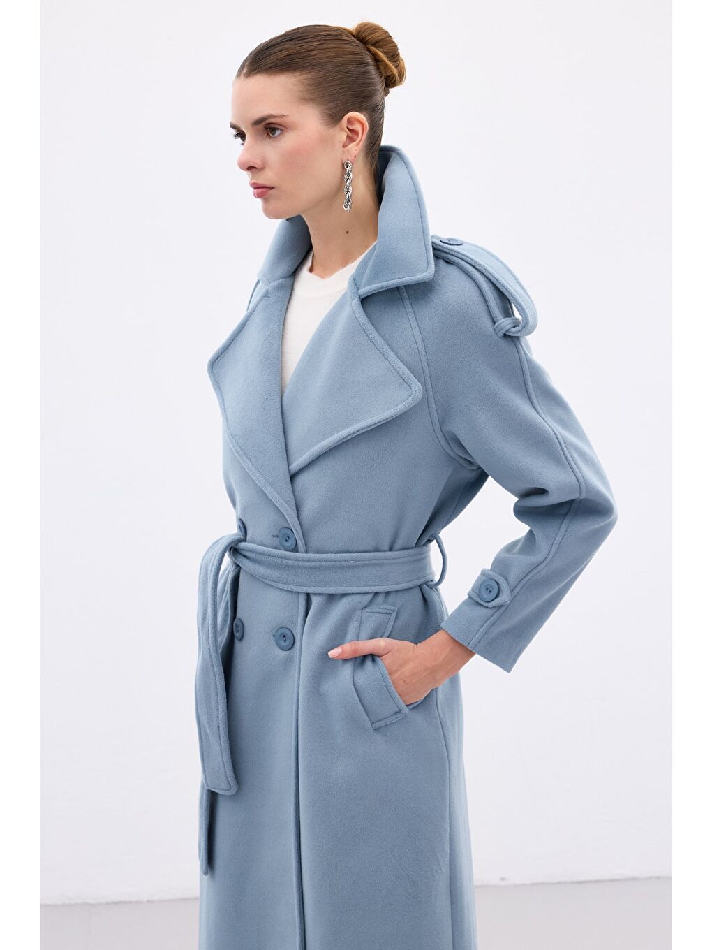 Geniş Yaka Uzun Kaban - Mavi-6