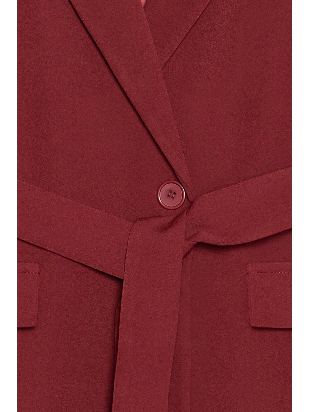 Bordo Kadın Tek Düğmeli Dokuma Kruvaze Blazer Ceket - Kuşaklı-2
