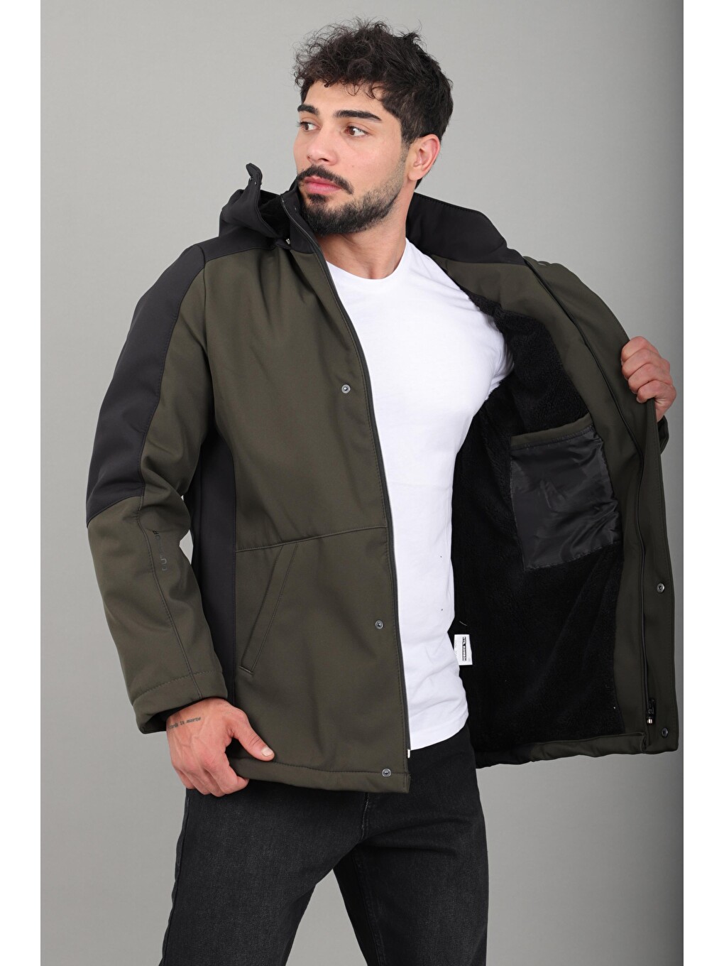 Haki Çift Renk İçi Kürklü Softshell Kışlık Mont Pldp 3041_50525-2