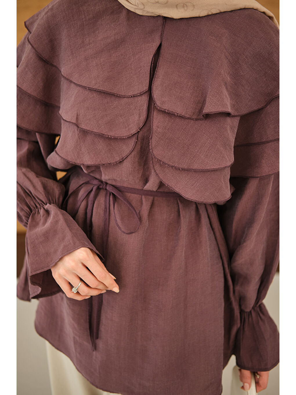 Kadın Geniş Katlı Yaka Bel Bağlamalı Tunik Mürdüm-4