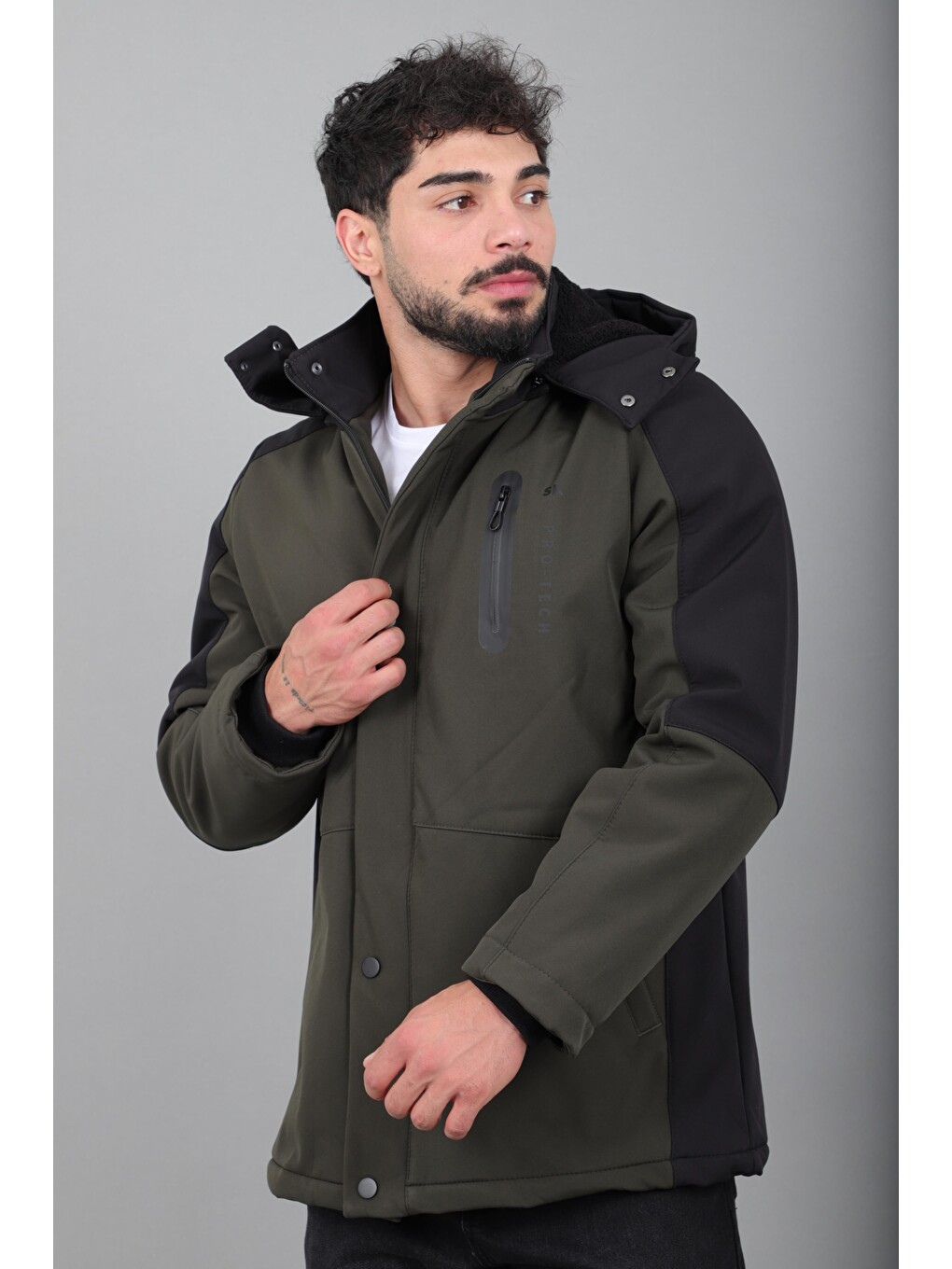 Haki Çift Renk İçi Kürklü Softshell Kışlık Mont Pldp 3041_50525-3