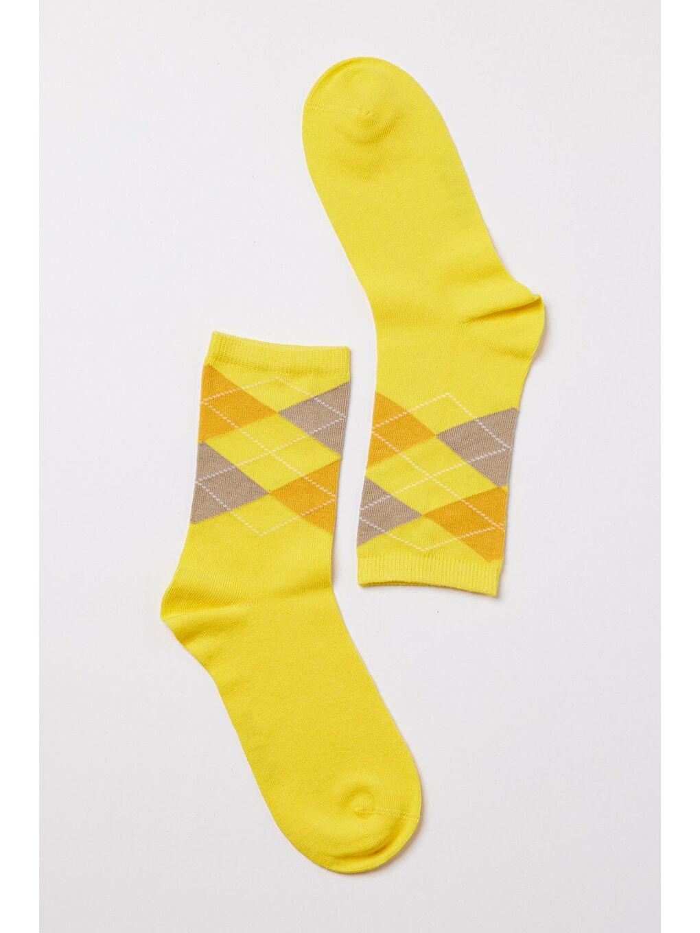 Ekose Desenli Pamuklu Kadın Soket Çorap Sarı-1
