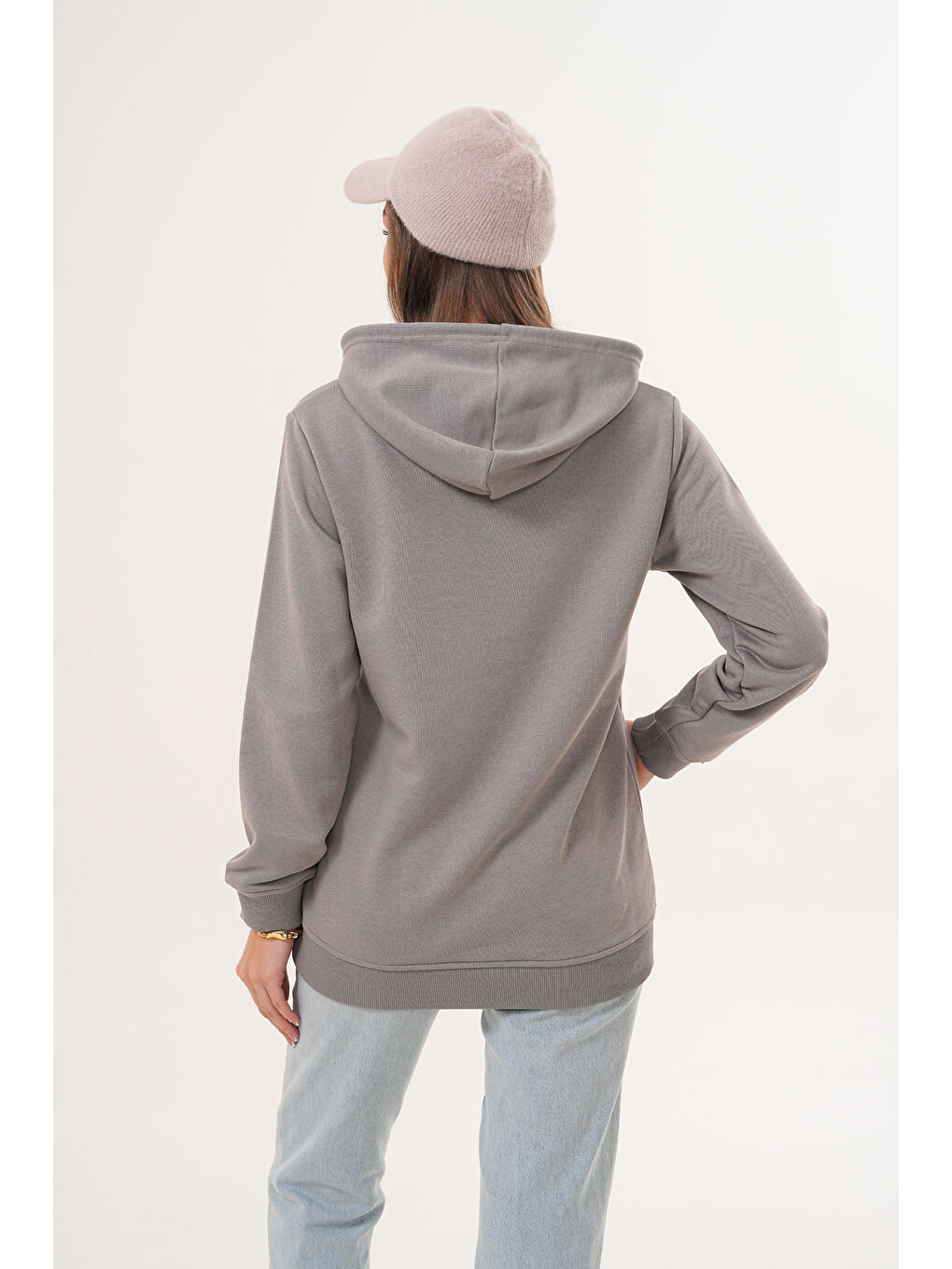 Gri Unisex %100 Pamuk Basic Premium Kapüşonlu Sweatshirt-3