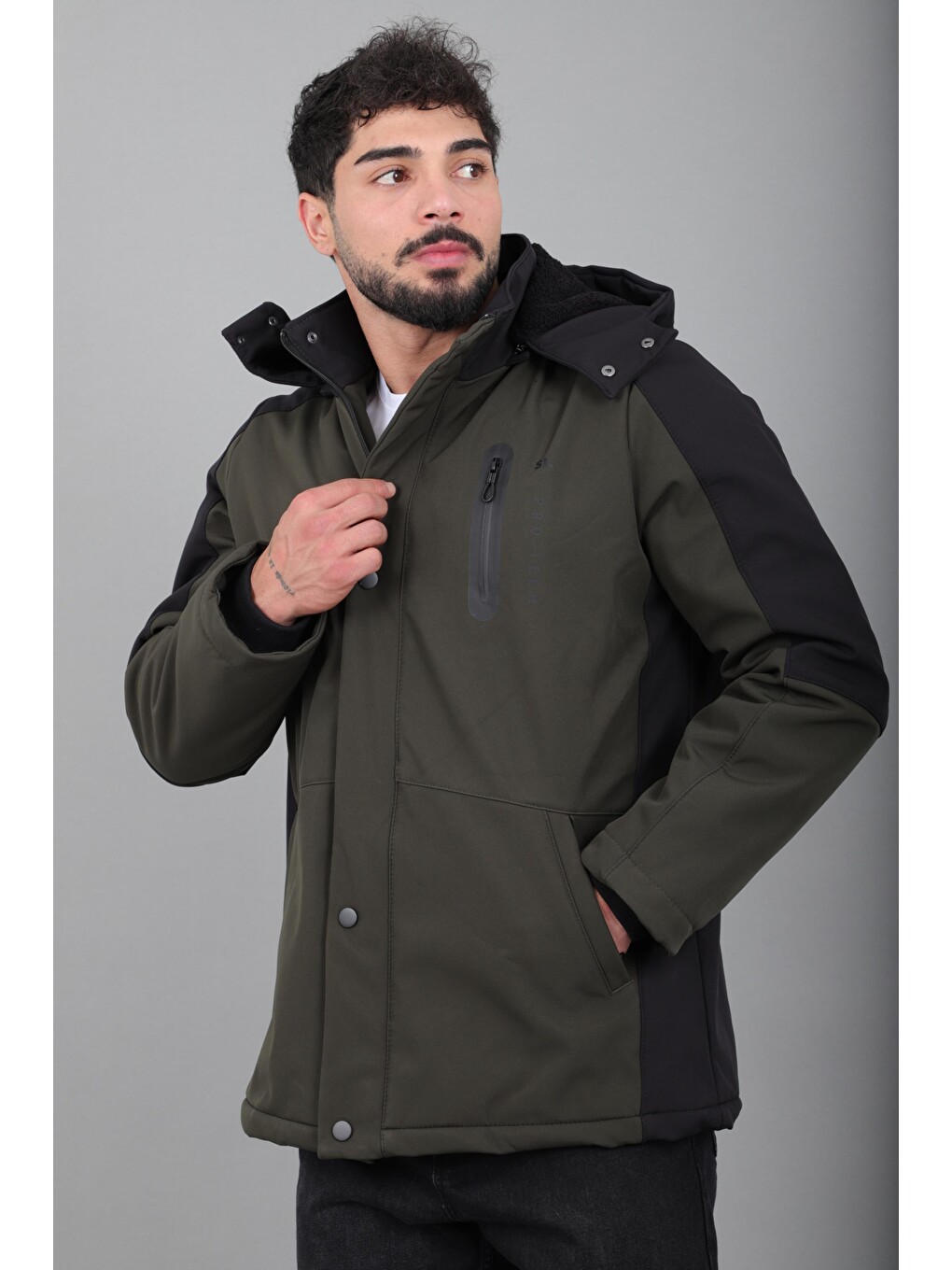 Haki Çift Renk İçi Kürklü Softshell Kışlık Mont Pldp 3041_50525-4