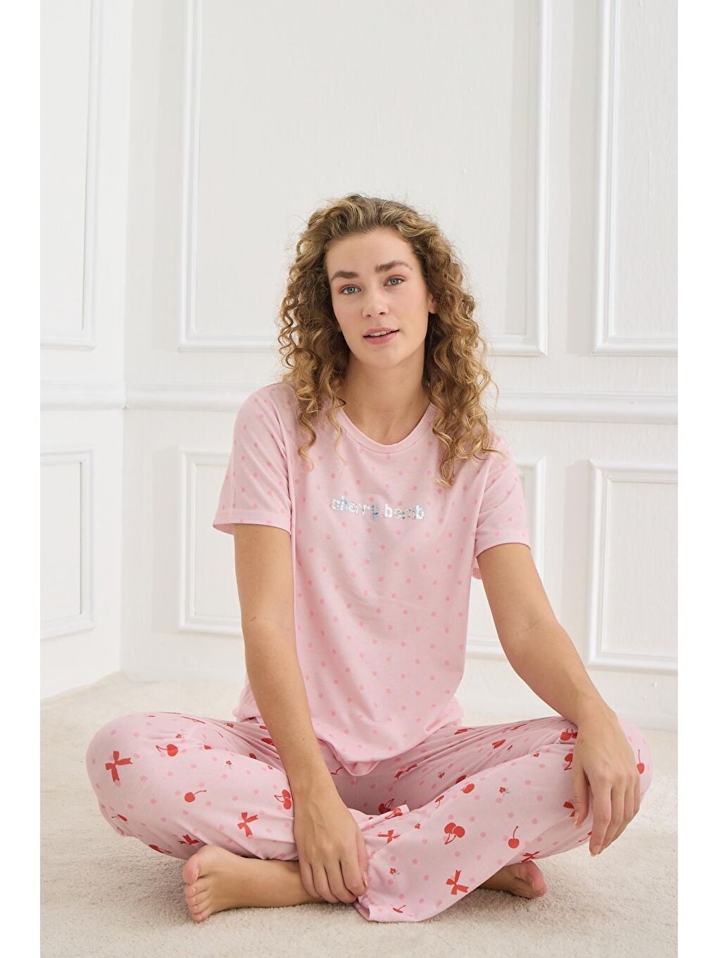 Kadın Desenli Elastanlı Süprem Bisiklet Yaka Pijama Takım | Pembe 70109-924-1