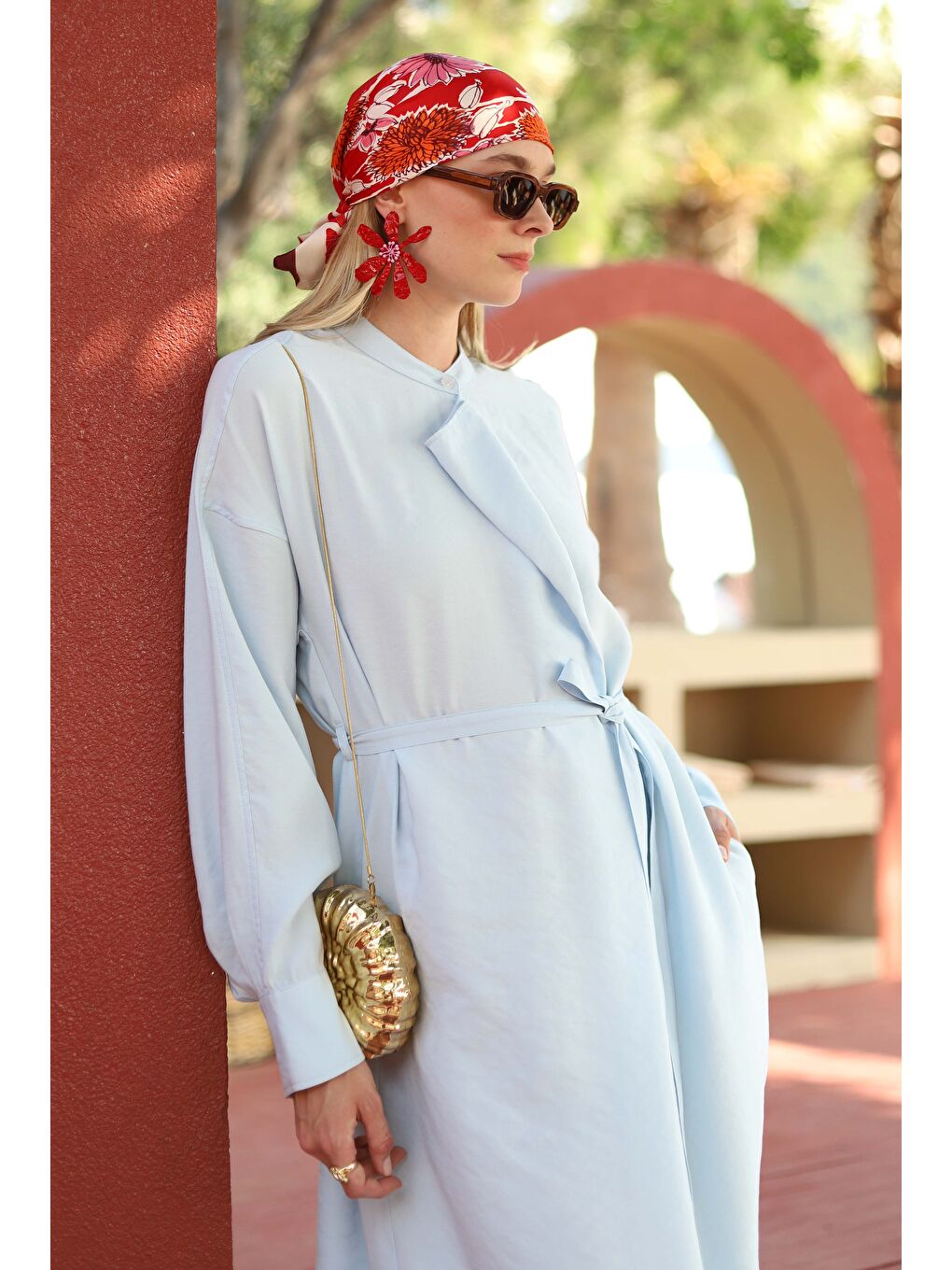 Yakası Geniş Pile Detaylı Elbise Buz Mavi-2