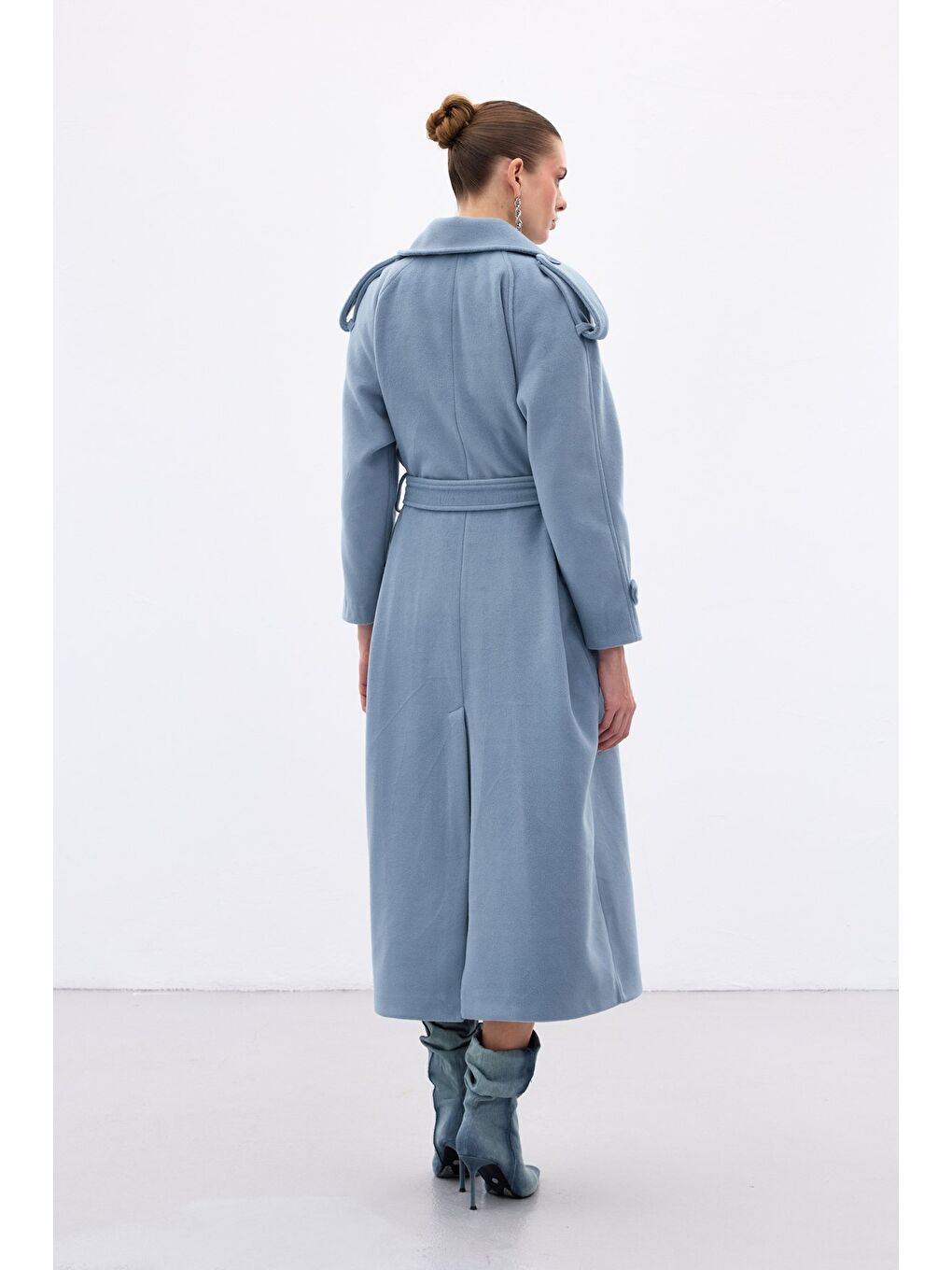 Geniş Yaka Uzun Kaban - Mavi-7