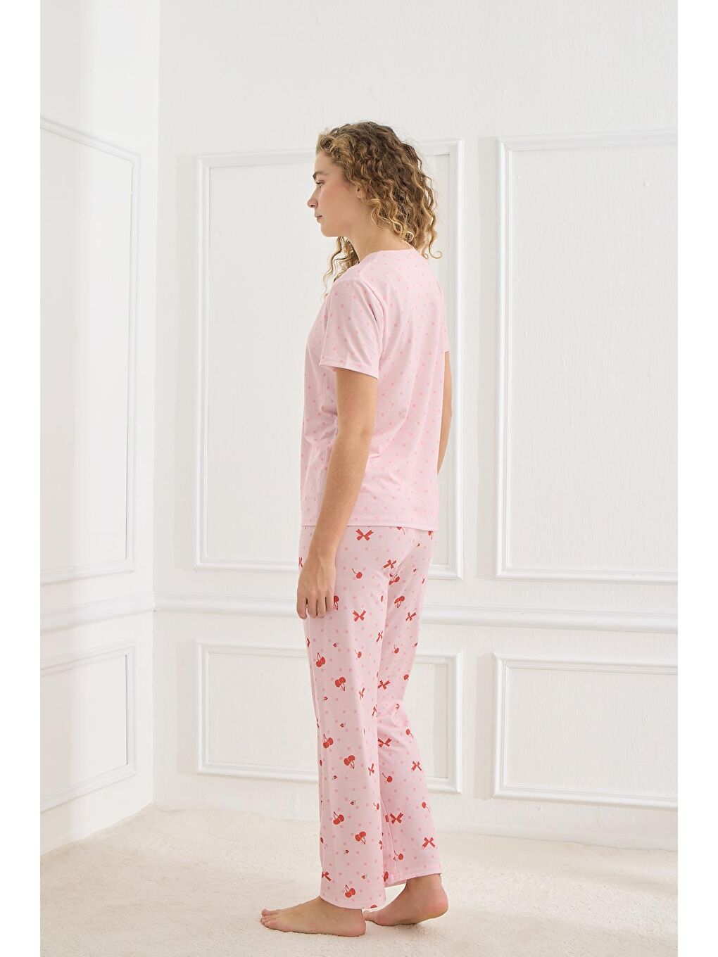 Kadın Desenli Elastanlı Süprem Bisiklet Yaka Pijama Takım | Pembe 70109-924-2