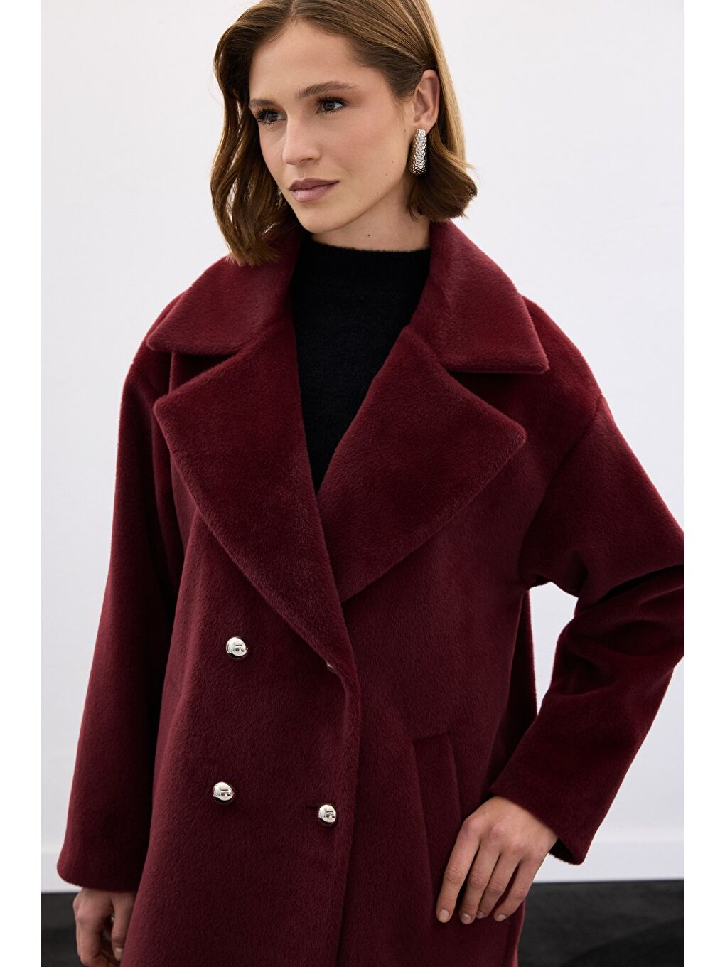 Düğme Detaylı Uzun Kaban - Bordo-5