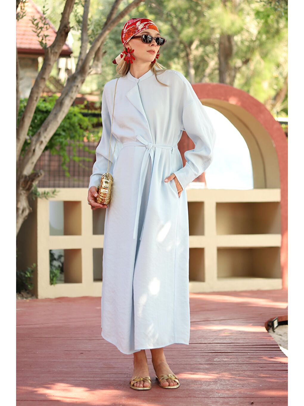 Yakası Geniş Pile Detaylı Elbise Buz Mavi-3