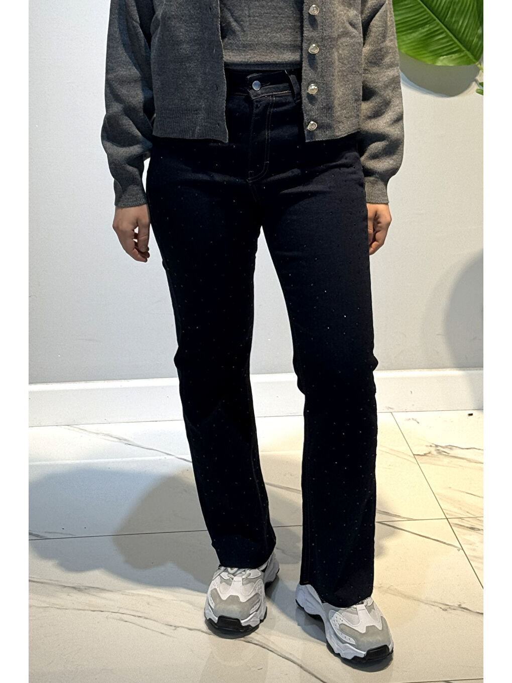 Taş Detay Bootcut Denim Pantolon 35772 Koyu Lacivert-4