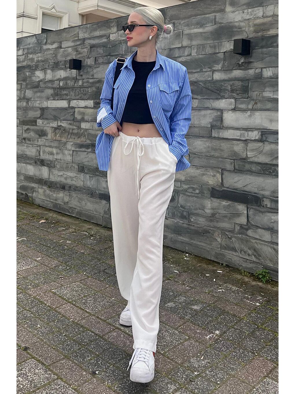 Beyaz Krinkıl Kumaş Basic Kadın Plaj Pantolon Mg1778-1