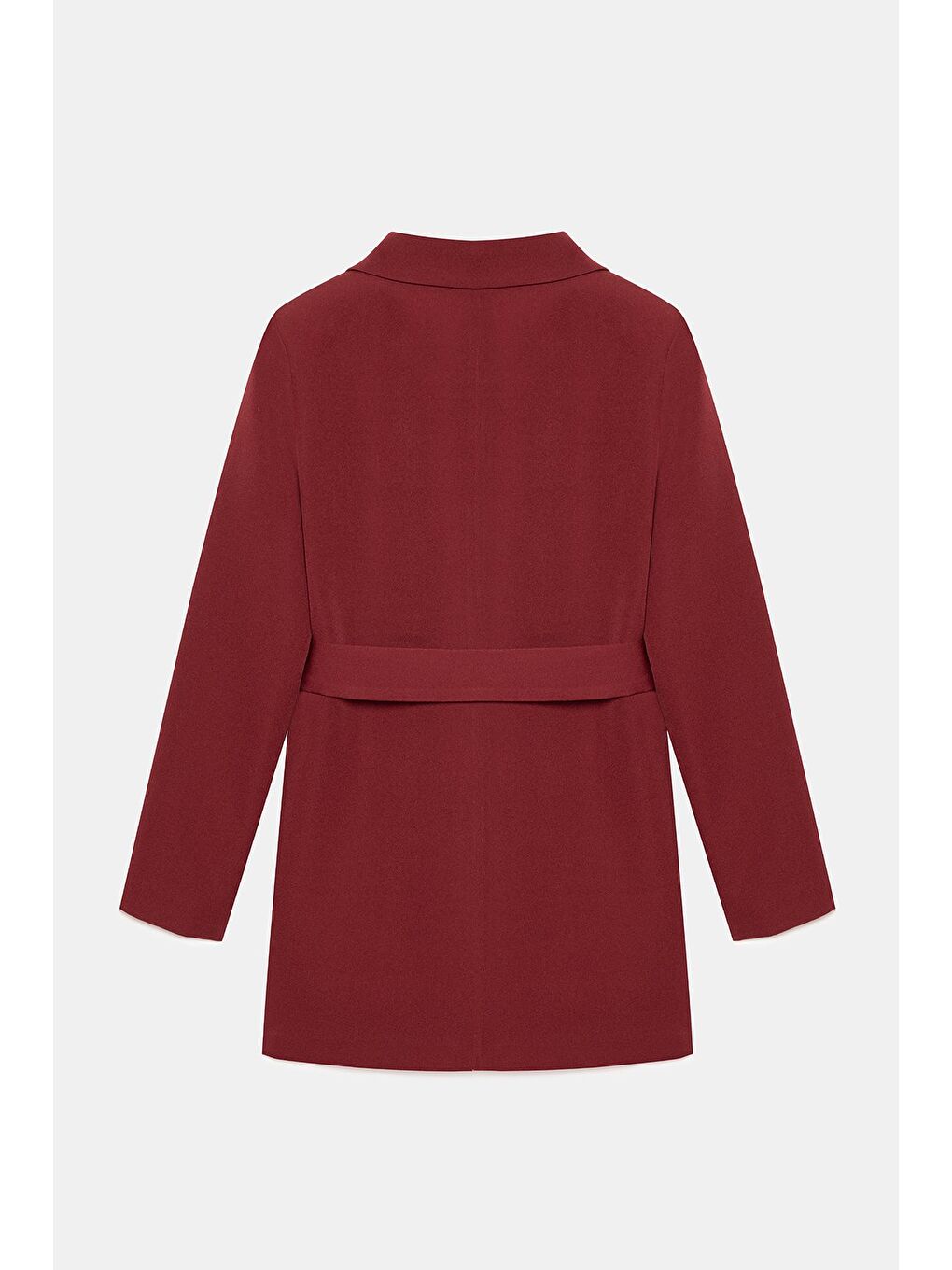 Bordo Kadın Tek Düğmeli Dokuma Kruvaze Blazer Ceket - Kuşaklı-4