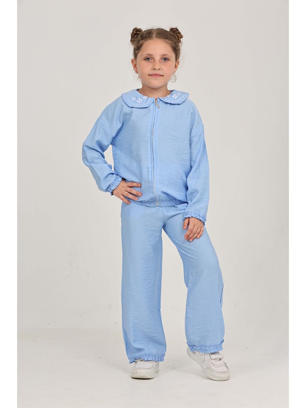 Mavi Kız Çocuk Yaka Nakışlı Eşofman Takım-1