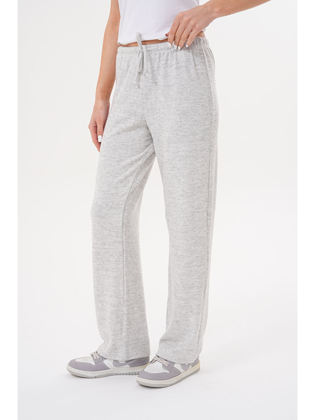 Gri Kadın Pantolon Beli Lastikli Cepli Bol Örme Pantolon-1