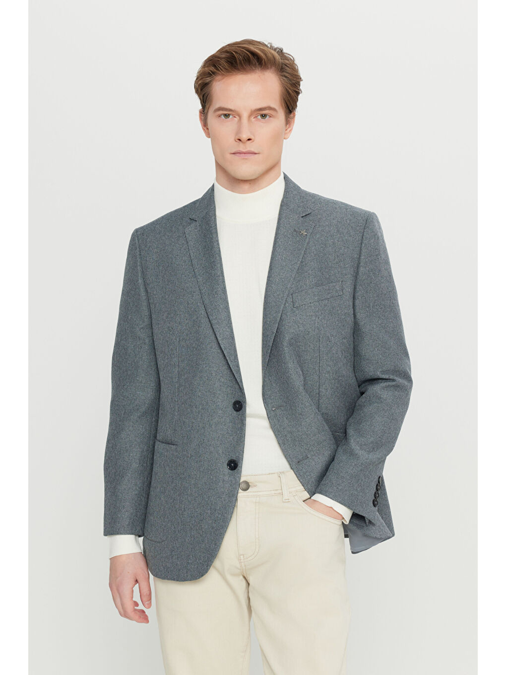 Erkek Gri  Normal Kesim Mono Yaka Torba Cepli Armürlü Blazer Ceket