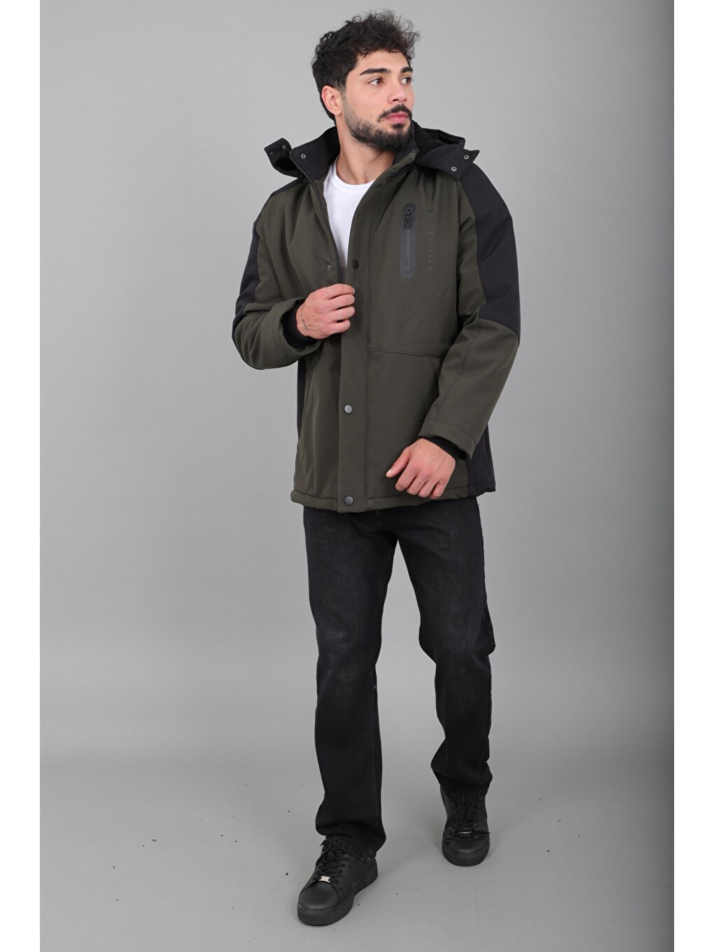 Haki Çift Renk İçi Kürklü Softshell Kışlık Mont Pldp 3041_50525-5