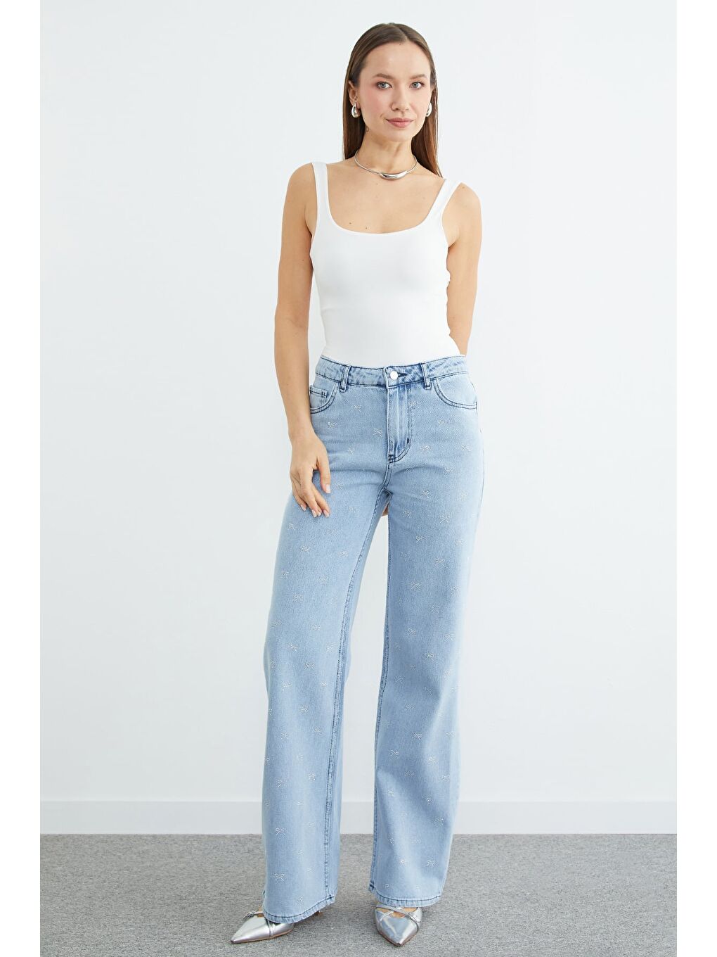 Mavi Fiyonk Detaylı Taşlı  Palazzo Jean-2