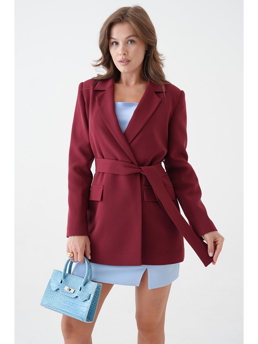 Bordo Kadın Tek Düğmeli Dokuma Kruvaze Blazer Ceket - Kuşaklı-5