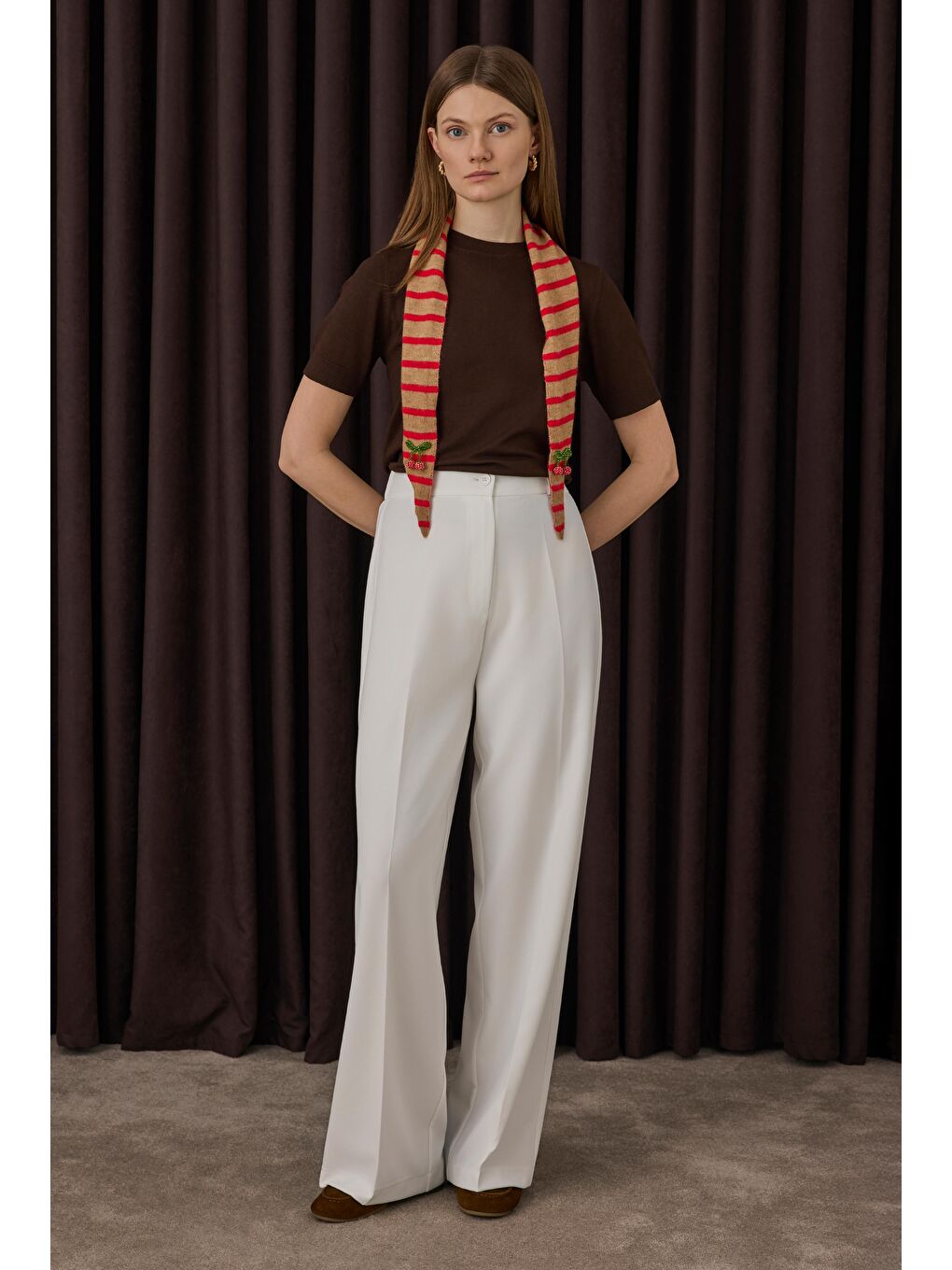 Çift Pileli Palazzo Pantolon Ekru