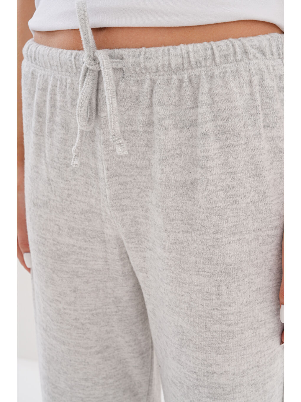 Gri Kadın Pantolon Beli Lastikli Cepli Bol Örme Pantolon-3