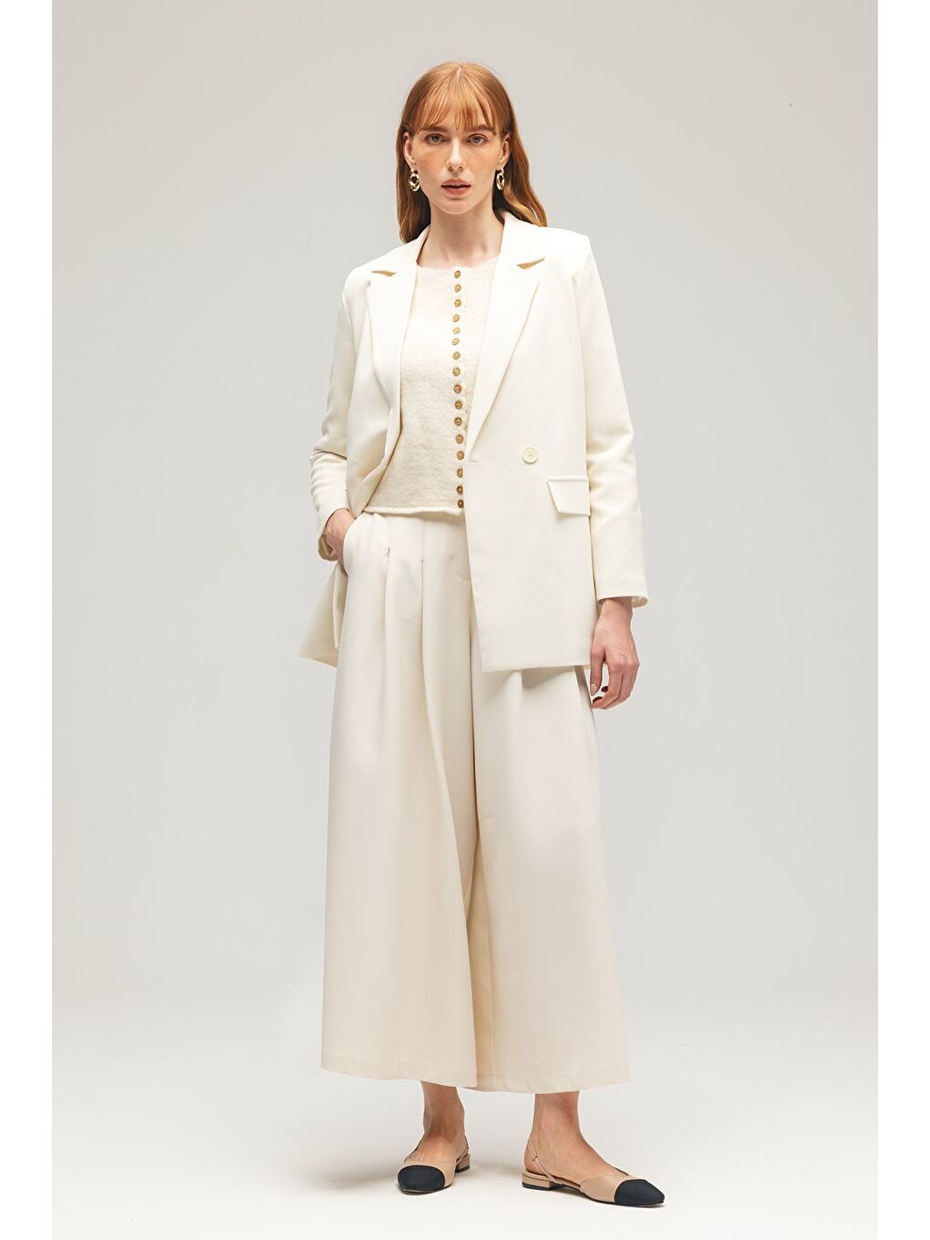 Ekru Kadın Tek Düğmeli Dokuma Kruvaze Blazer Ceket - Kuşaklı