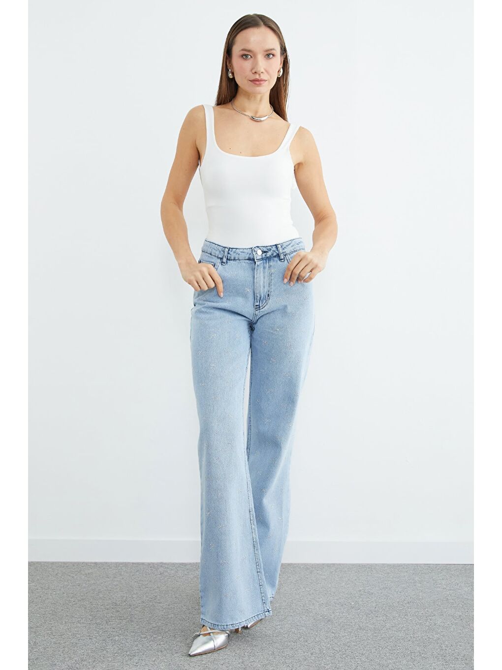 Mavi Fiyonk Detaylı Taşlı  Palazzo Jean-3