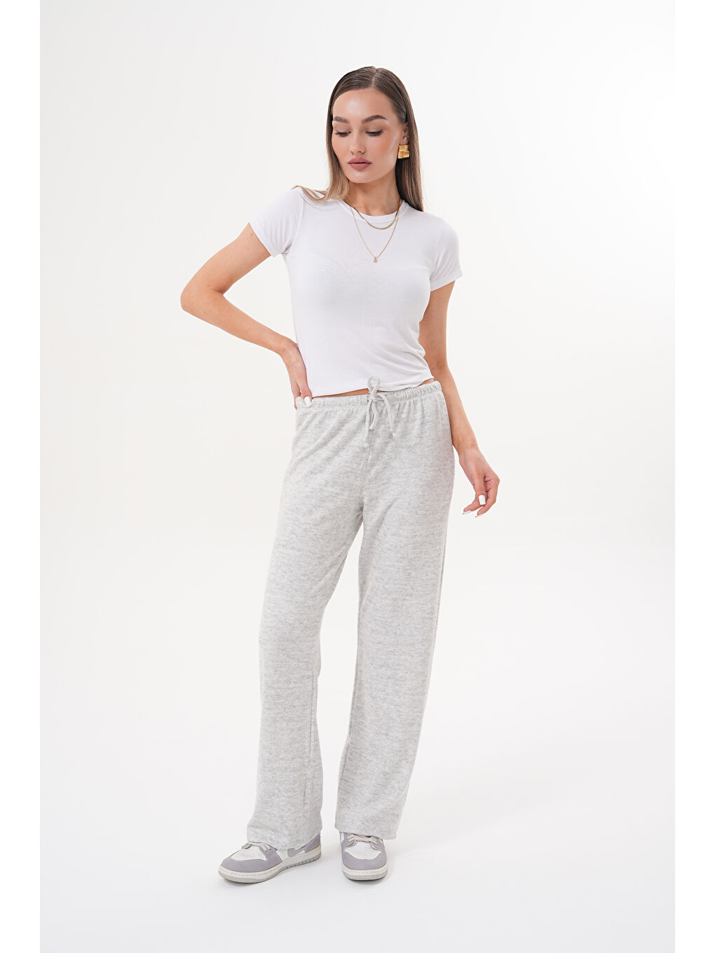 Gri Kadın Pantolon Beli Lastikli Cepli Bol Örme Pantolon-4