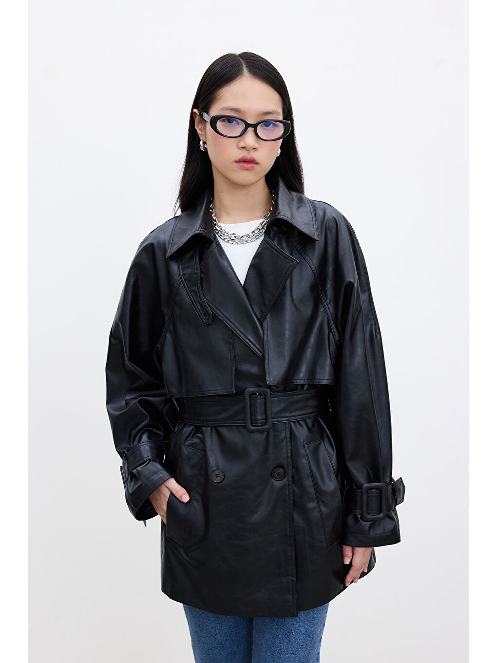 Deri Oversize Trençkot Siyah-2