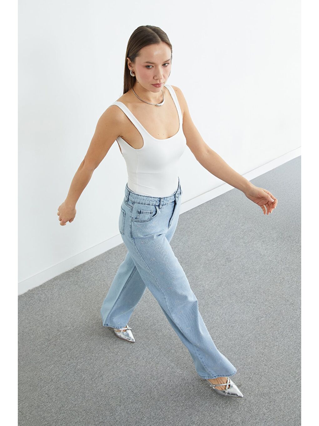 Mavi Fiyonk Detaylı Taşlı  Palazzo Jean-4