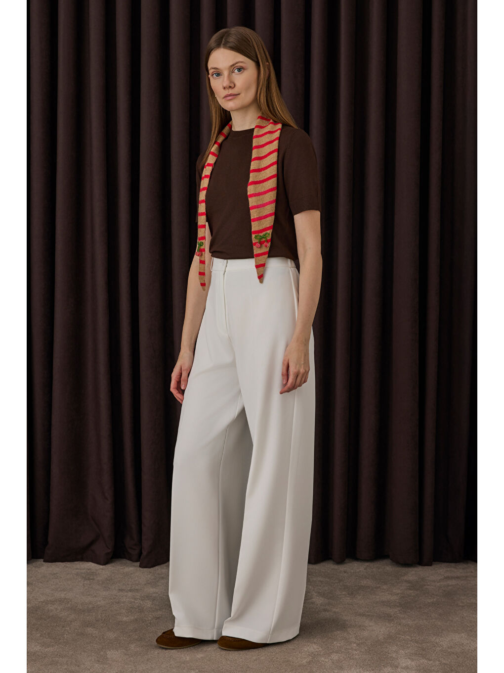 Çift Pileli Palazzo Pantolon Ekru-1