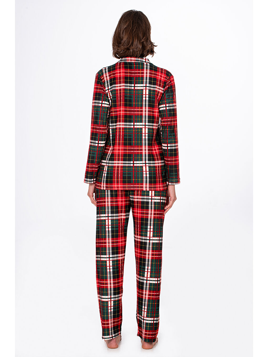 Kırmızı Kadın Süet Önden Düğmeli Pijama Takımı | Yeşil Ekose-2