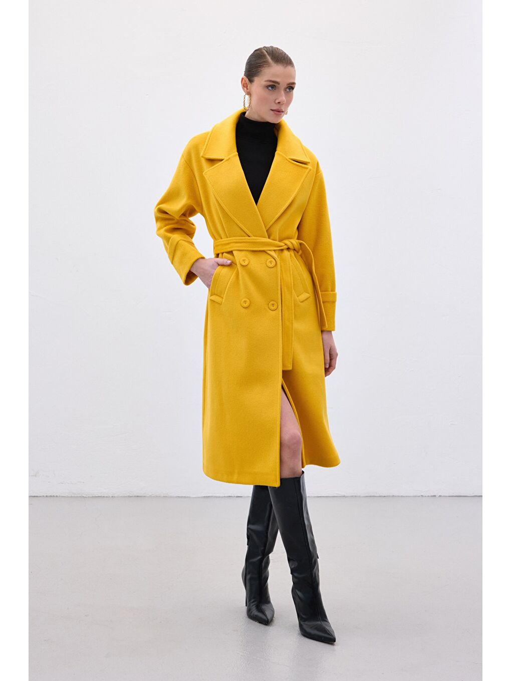 Beli Bağlamalı Uzun Kaban - Sarı-1