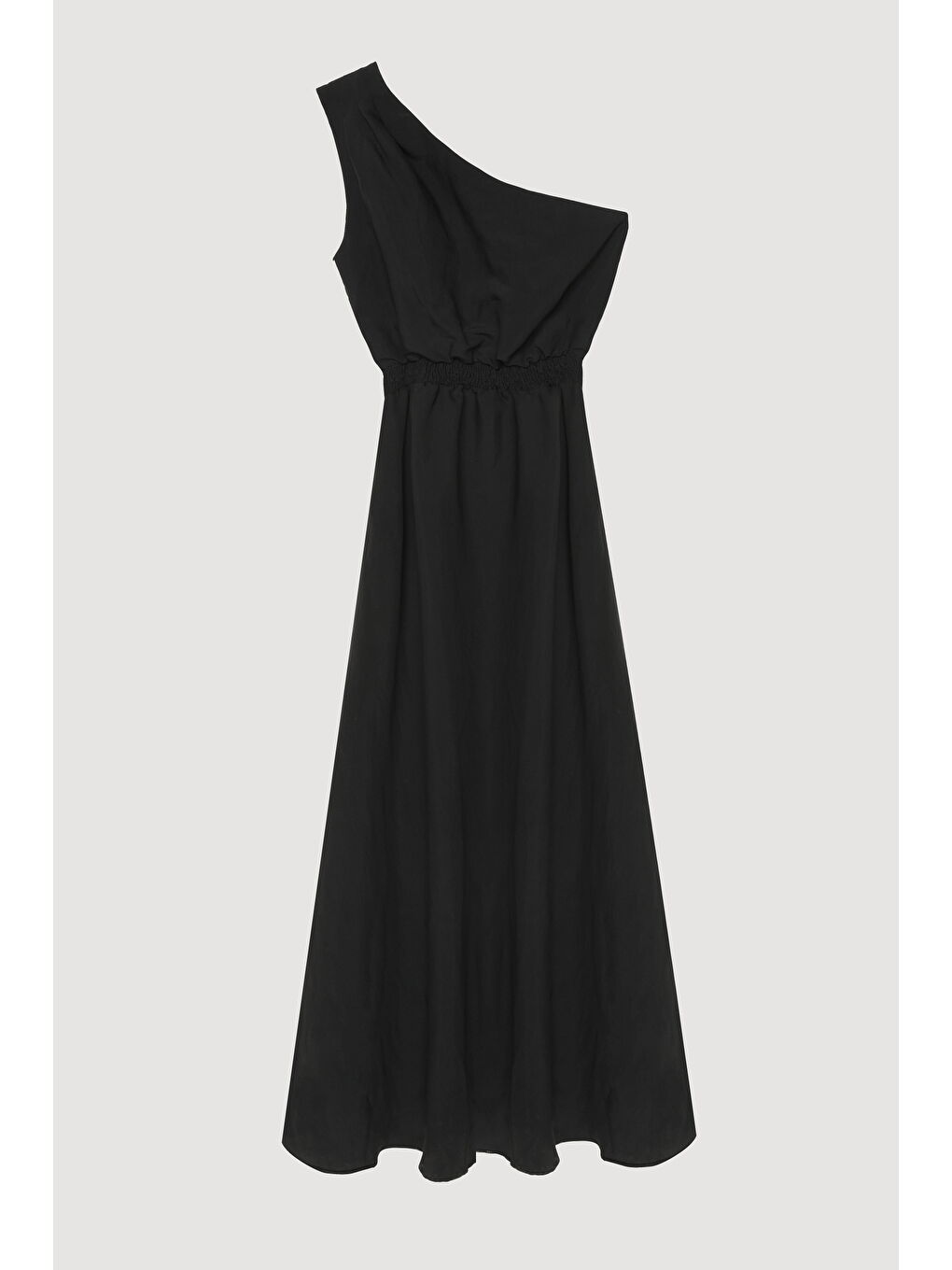 Beli Lastikli Tek Omuz Midi Elbise Siyah