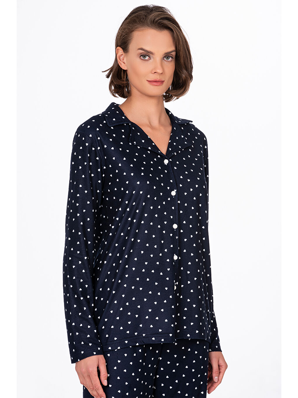 Kadın Süet Önden Düğmeli Pijama Takımı | Kalpli Lacivert-1