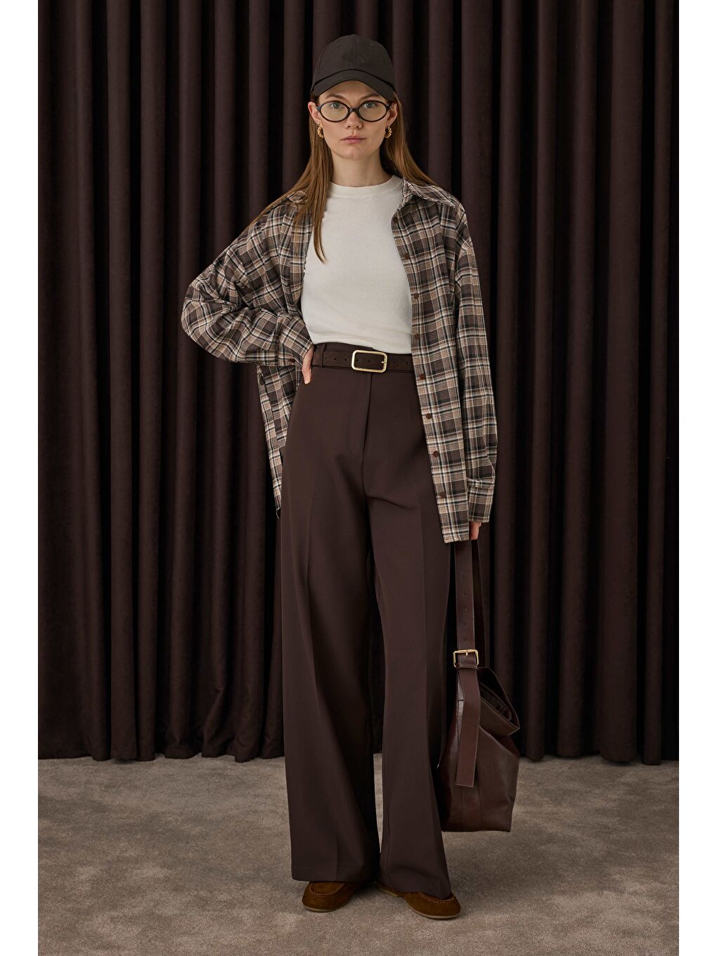 Kahverengi Çift Pileli Palazzo Pantolon Acı Kahve