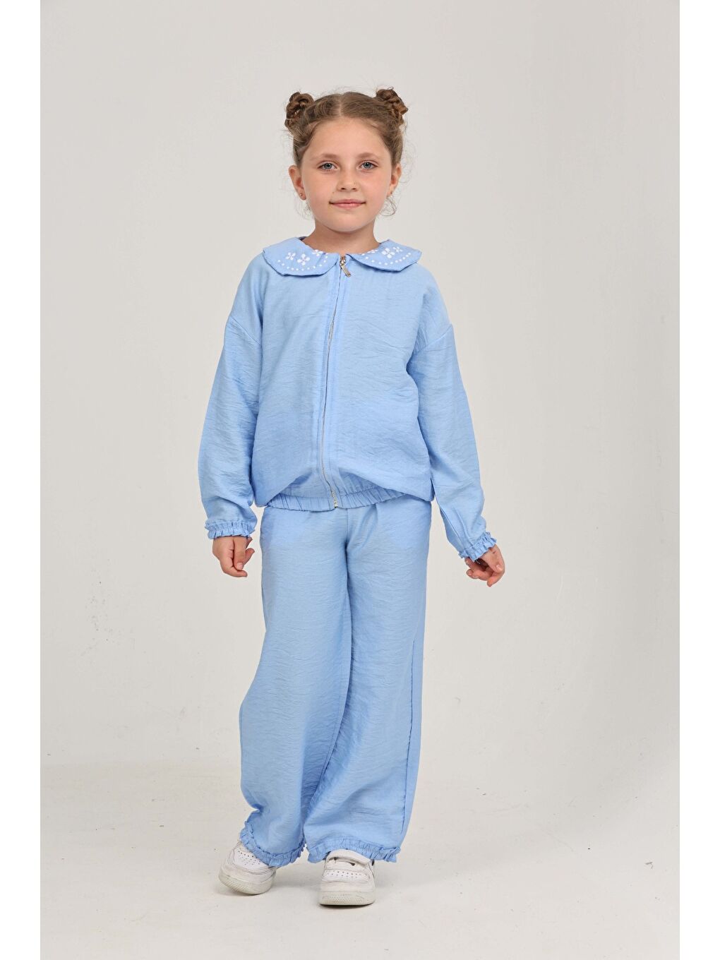 Mavi Kız Çocuk Yaka Nakışlı Eşofman Takım-3