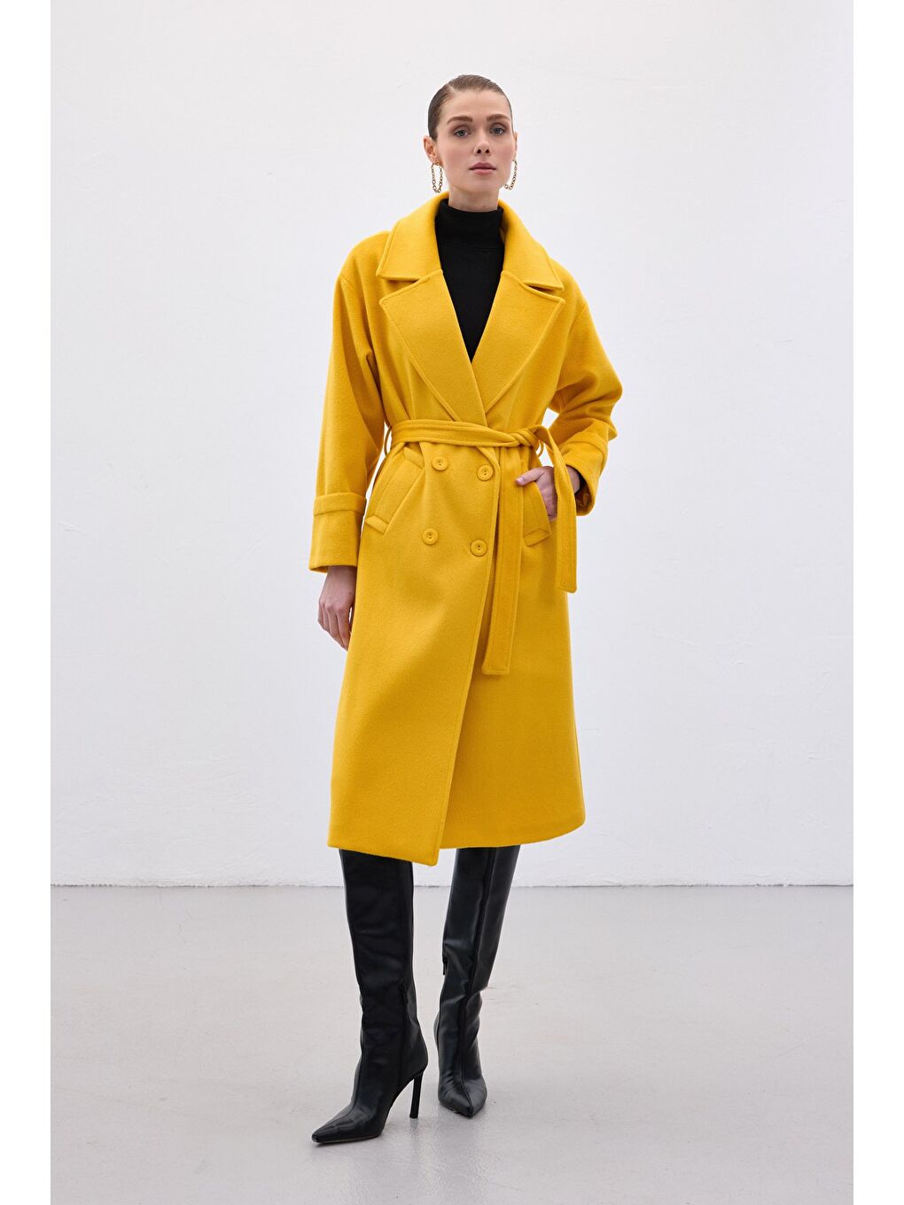 Beli Bağlamalı Uzun Kaban - Sarı-2