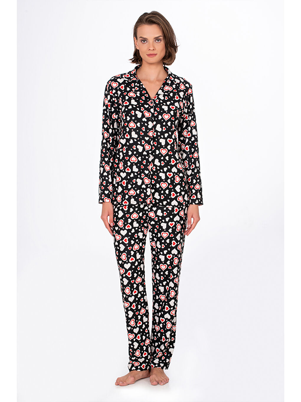 Siyah Kadın Süet Önden Düğmeli Pijama Takımı | Kalpli